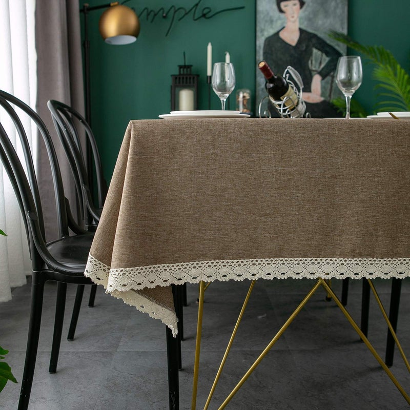 EHouseHome Faux Linen Tablecloth with Lace Trim - Waterproof/Spill Proof/Stain Resistant/Wrinkle Free/Oil Proof - for Banquet, Parties, Dinner,Kitchen,Wedding,Coffee,Holiday,Flax,Rectangle 60x120Inch - Image 2
